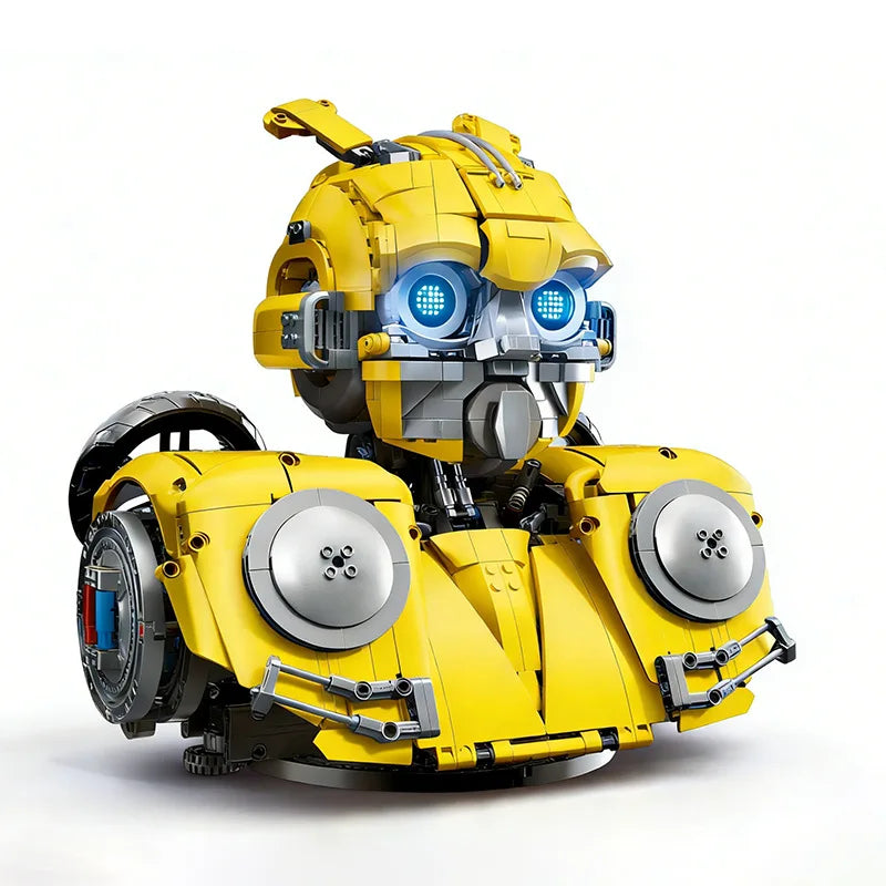 Modelo de robot mecánico amarillo con ojos LED azules y dos ruedas delanteras
