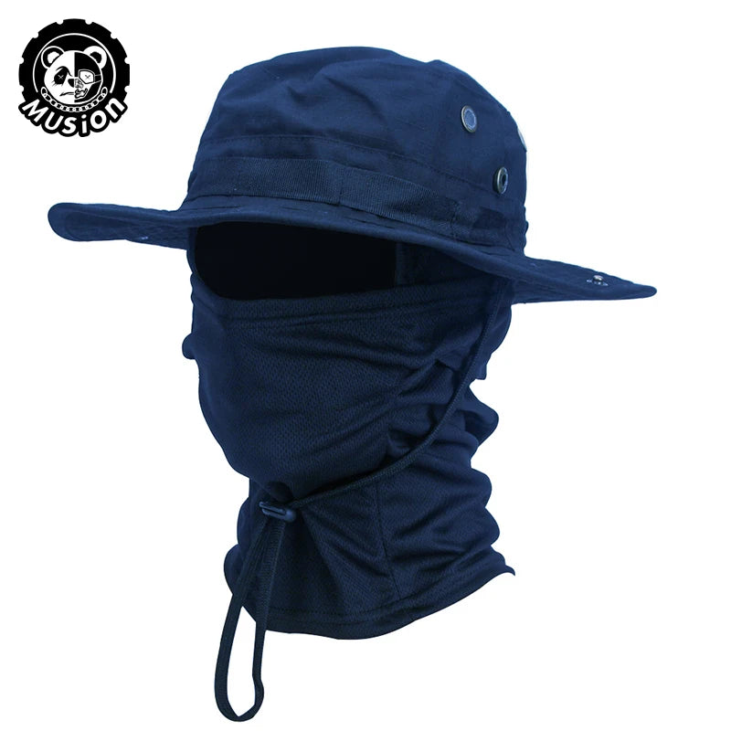 Conjunto de gorro de pescador con ala ancha y pasamontañas de camuflaje Musion para hombre, gorra tipo boonie para exteriores, sombrero de protección solar para pesca