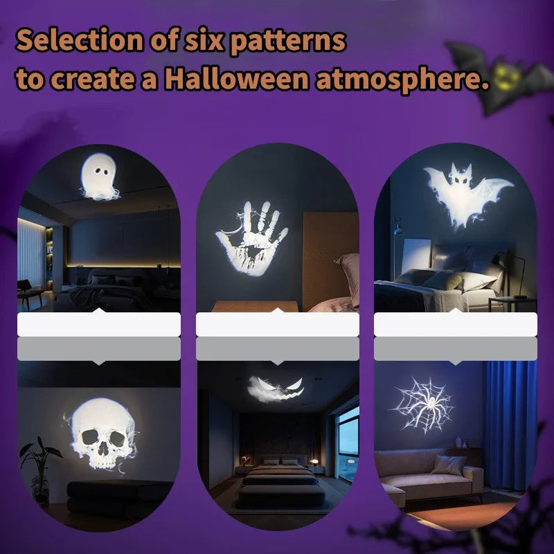 Luz de proyector USB para Halloween, lámpara de noche con proyector LED de calavera y fantasma, patrones intercambiables para decoración de techos, ventanas y paredes de habitaciones