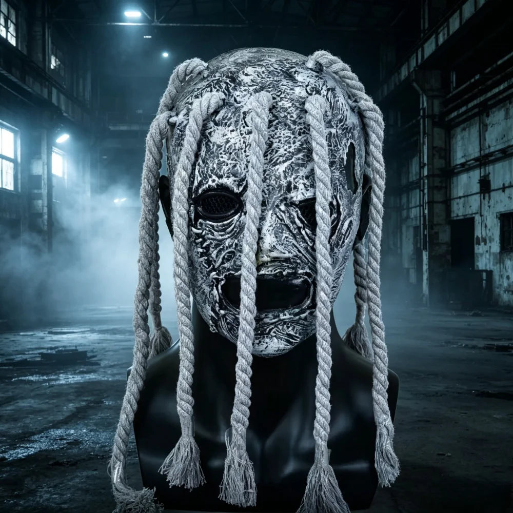 Máscara de Terror con Trenzas de Cuerda Grises, Máscara Facial Completa de Látex para Halloween, Cosplay y Fiestas