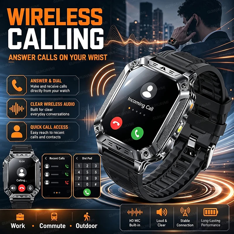 2026 HOT Upgraded Military Smart Watch Possess1400mAh Battery Capacity Outdoor IP68 Waterproof SOS Red And White LED Flashlight 100+Sport HD Call 2.01 inch Screen Watch