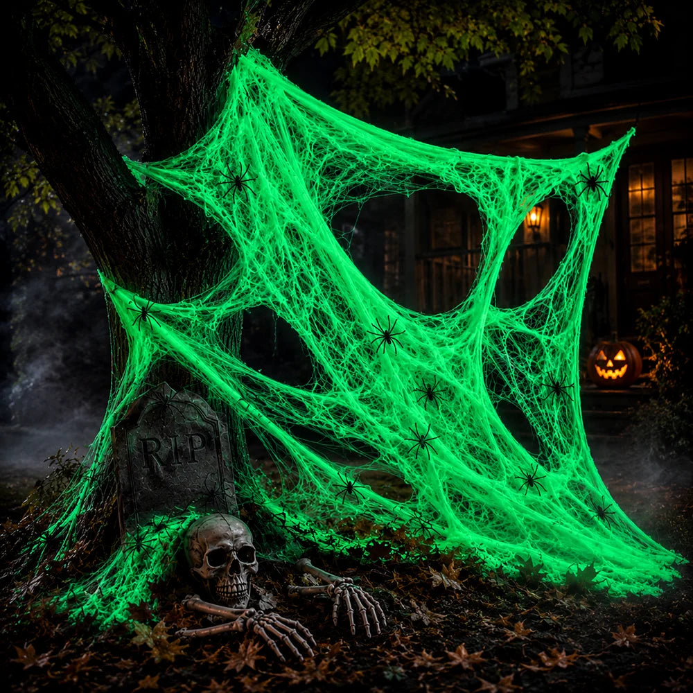 Telarañas fluorescentes que brillan en la oscuridad, decoraciones de Halloween para el hogar, jardín, casa embrujada, decoración para fiestas.