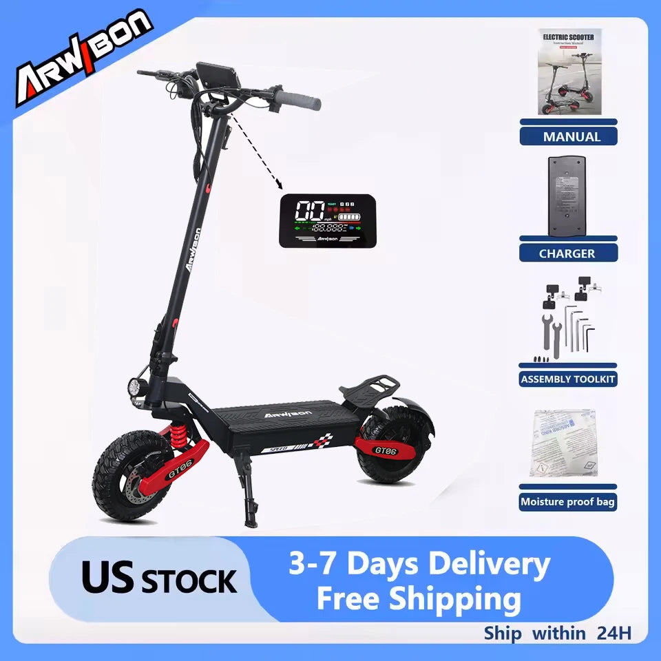 Patinete eléctrico plegable negro con ruedas todoterreno rojas y tablero digital