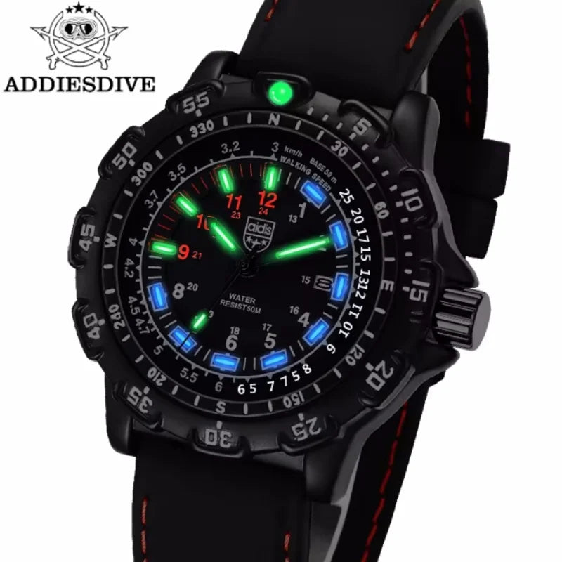 Reloj de cuarzo para hombre ADDIESDIVE para deportes al aire libre, con tubo luminoso, resistente al agua 50M, correa de silicona negra