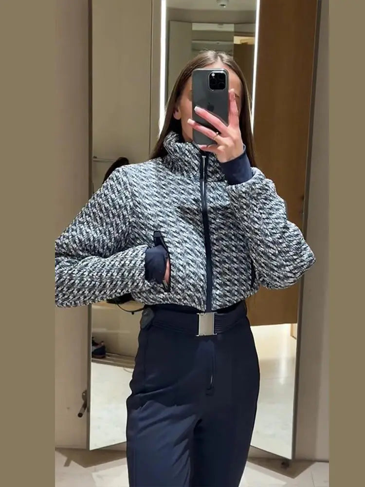 Mono de esquí grueso con estampado elegante para mujer, pelele largo elegante de manga larga con cuello levantado y cinturón con cremallera, peleles cálidos de cintura alta a la moda