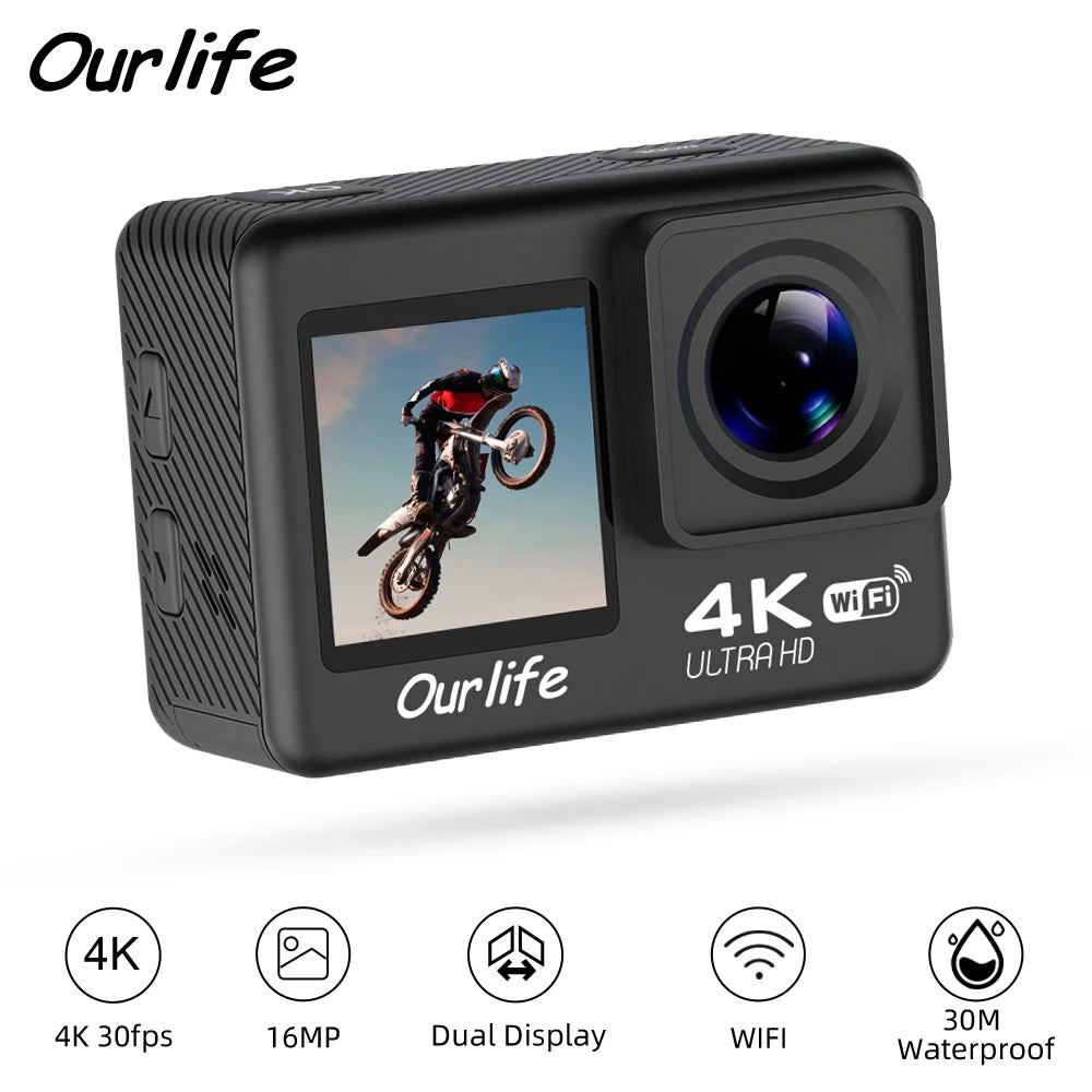 Cámara de acción Ourlife 4K 30FPS WiFi 30M bajo el agua impermeable 170 °   Grabación de vídeo deportiva DVR Cámara de vídeo con pantalla de 2,0''