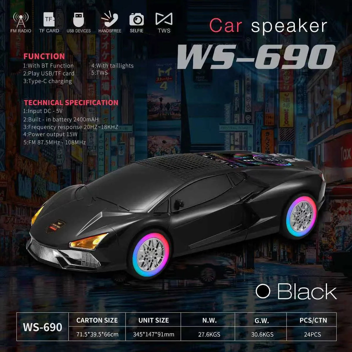 Altavoz Bluetooth modelo coche WS-690, altavoz inalámbrico portátil con luz LED, radio FM, tarjeta TF, reproducción USB, decoración de escritorio
