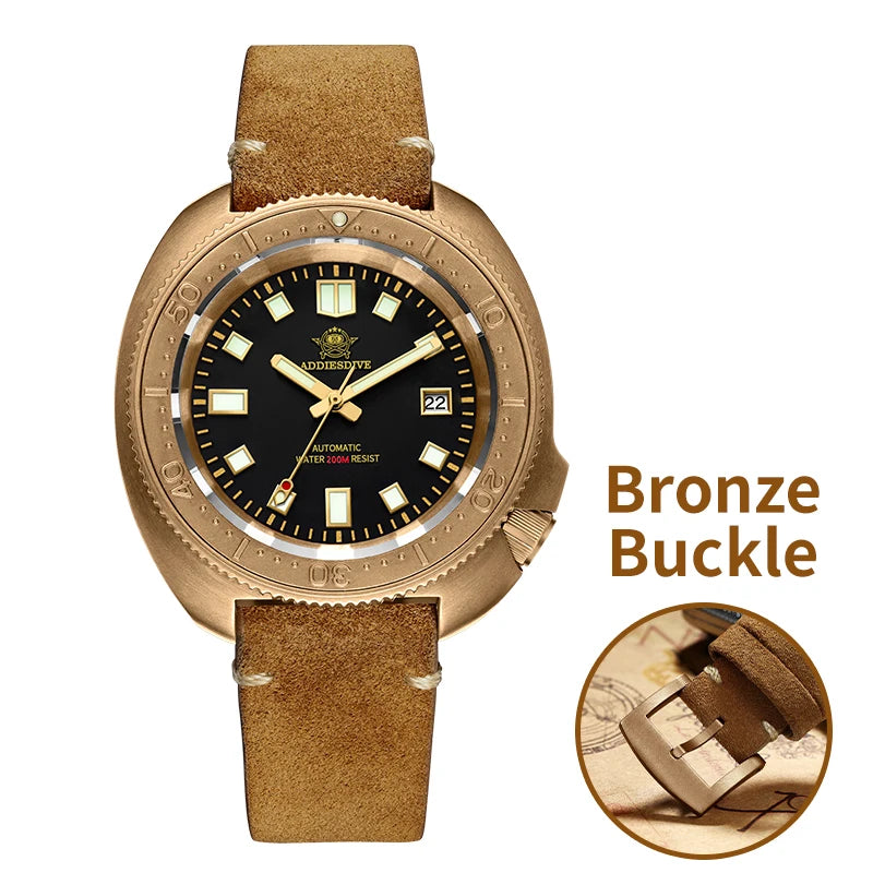 Reloj de buceo automático para hombre ADDIESDIVE CUSN8 de bronce, con calendario, cristal de zafiro, manecillas luminosas, resistente al agua 20 bares y mecanismo automático