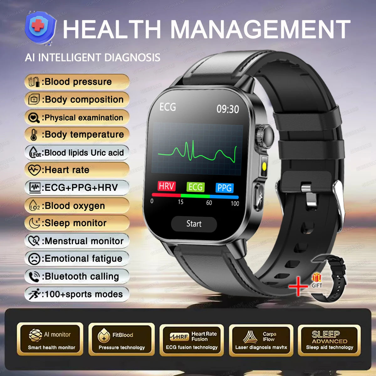 2026 Nuevo y preciso diagnóstico Reloj inteligente ECG oxígeno en sangre PA Ácido úrico Lípidos Salud HD AMOLED Pantalla para llamadas Reloj inteligente Hombres Mujeres
