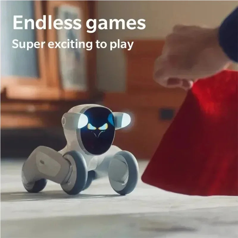 Robot perro mecánico inteligente negro y gris, ojos LED azules