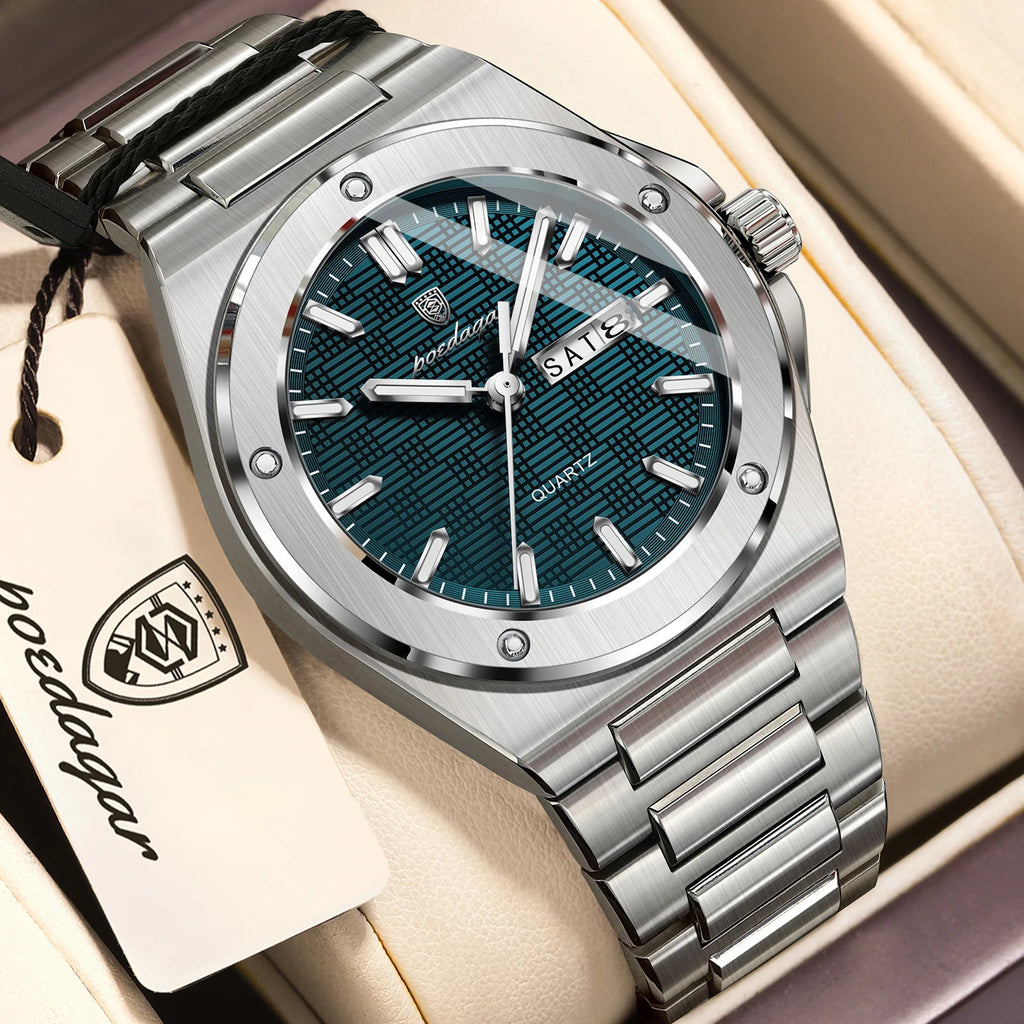 Reloj de pulsera de cuarzo para hombre POEDAGAR, resistente al agua, luminoso, con fecha y día, reloj casual de acero inoxidable para hombre