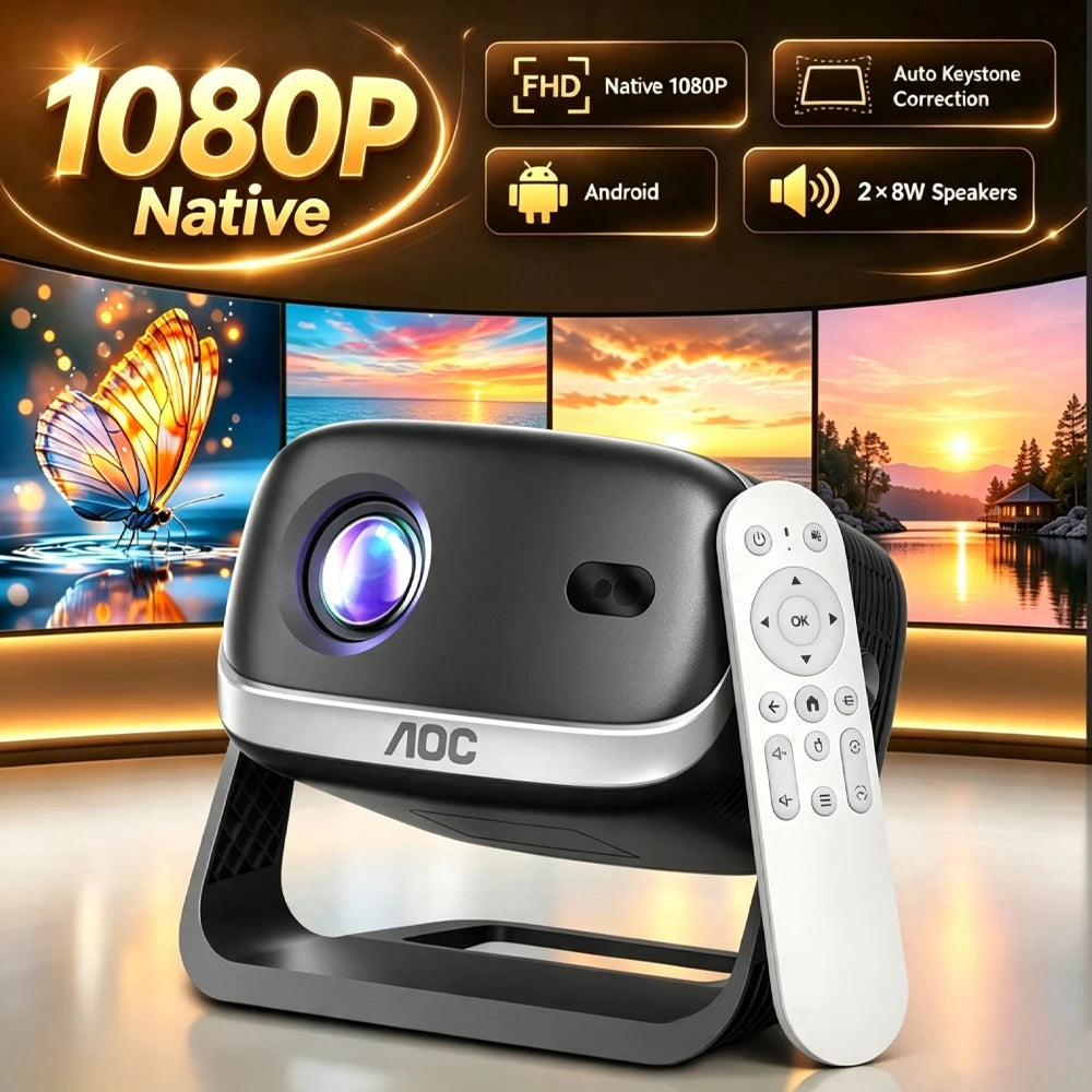 Proyector inteligente AOC gris con mando a distancia y base de soporte.