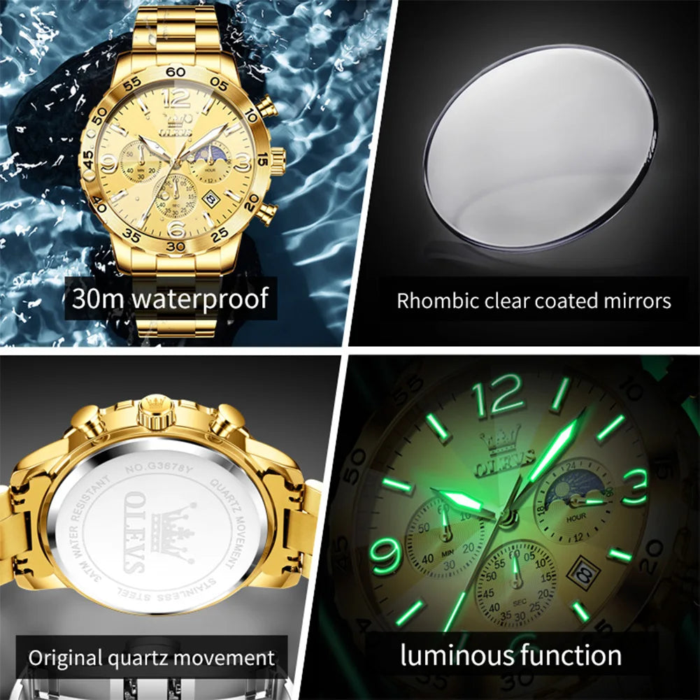OLEVS 3678 Mens Watch Original Stainless Steel Quartz Watch Waterproof Luminous Moon Phase Watch Automatic Date Mens Gifts Reloj