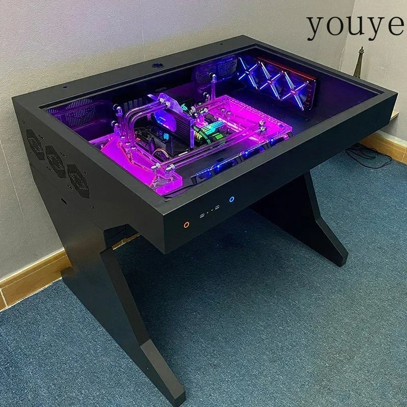 Escritorio para PC negro con panel de vidrio y luces RGB moradas y azules