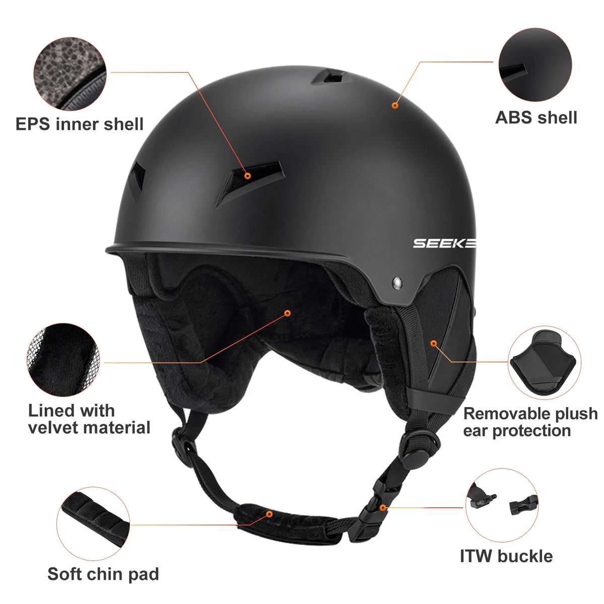 Casco de esquí SEEKEROutdoorSki, universal para tabla simple y doble, anticolisión, con protección de oídos de felpa extraíble, para adultos.