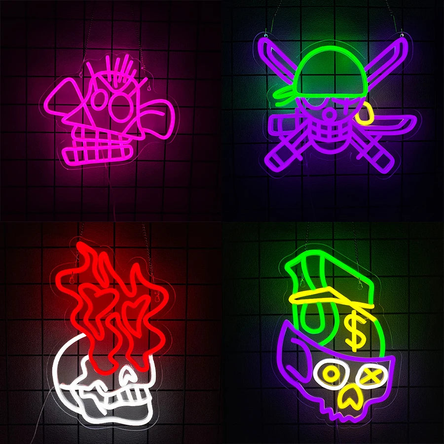 Cartel de neón con diseños de esqueleto estilo Halloween, con iluminación multicolor