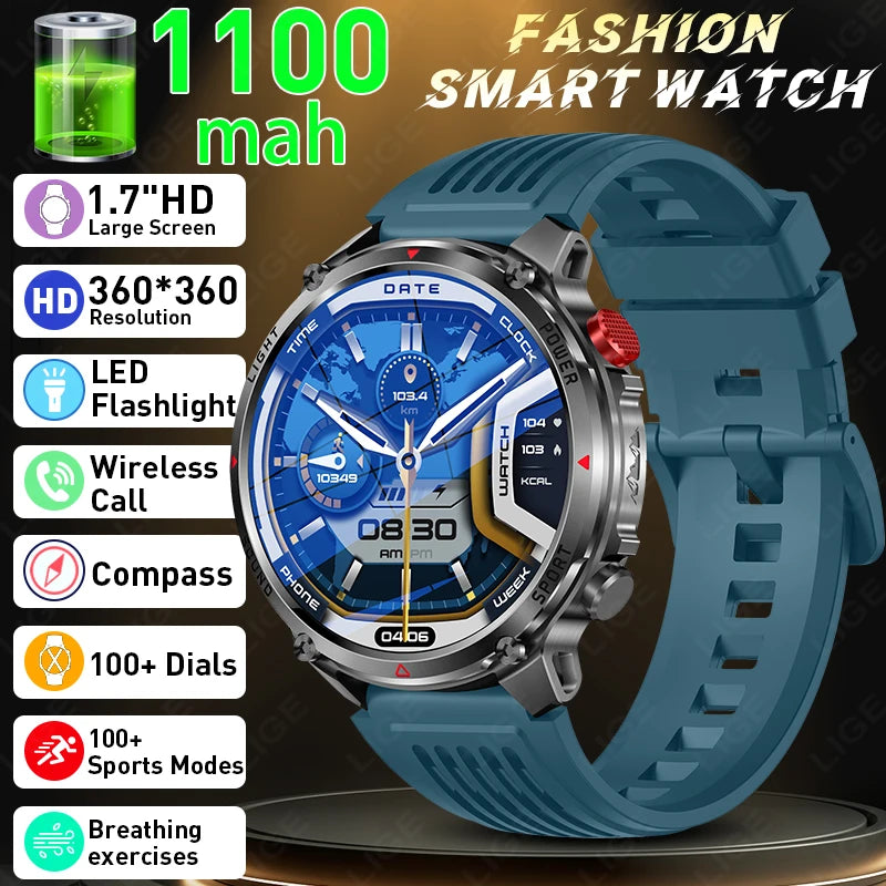 LIGE New Men Military Smart Watch Outdoor Compass 1100mAh Battery Flashlight 1.7"Display BT Call Waterproof Sports Smartwatches