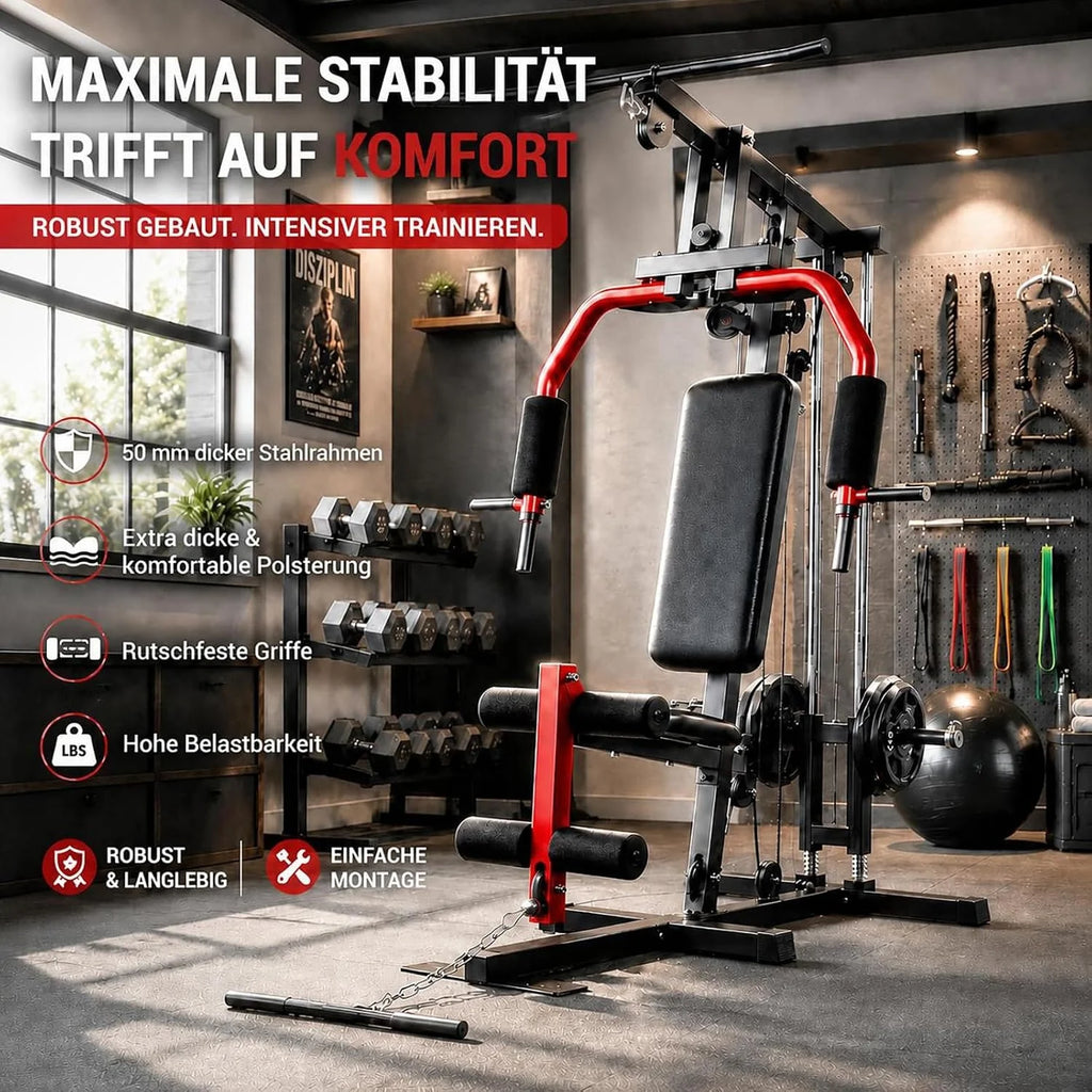 Gimnasio multifuncional profesional con cordones integrados y sistema de doble cable-Max. capacidad de carga de 180 kg para entrenamiento de fuerza exigente