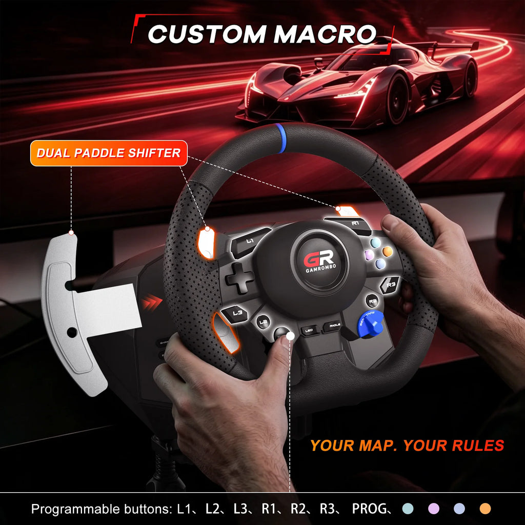 Volante de carreras para PS5/PS4/PC, 270° y 900°, volante de simulación de juegos con pedales de efecto Hall RGB y mapeo de macros PROG