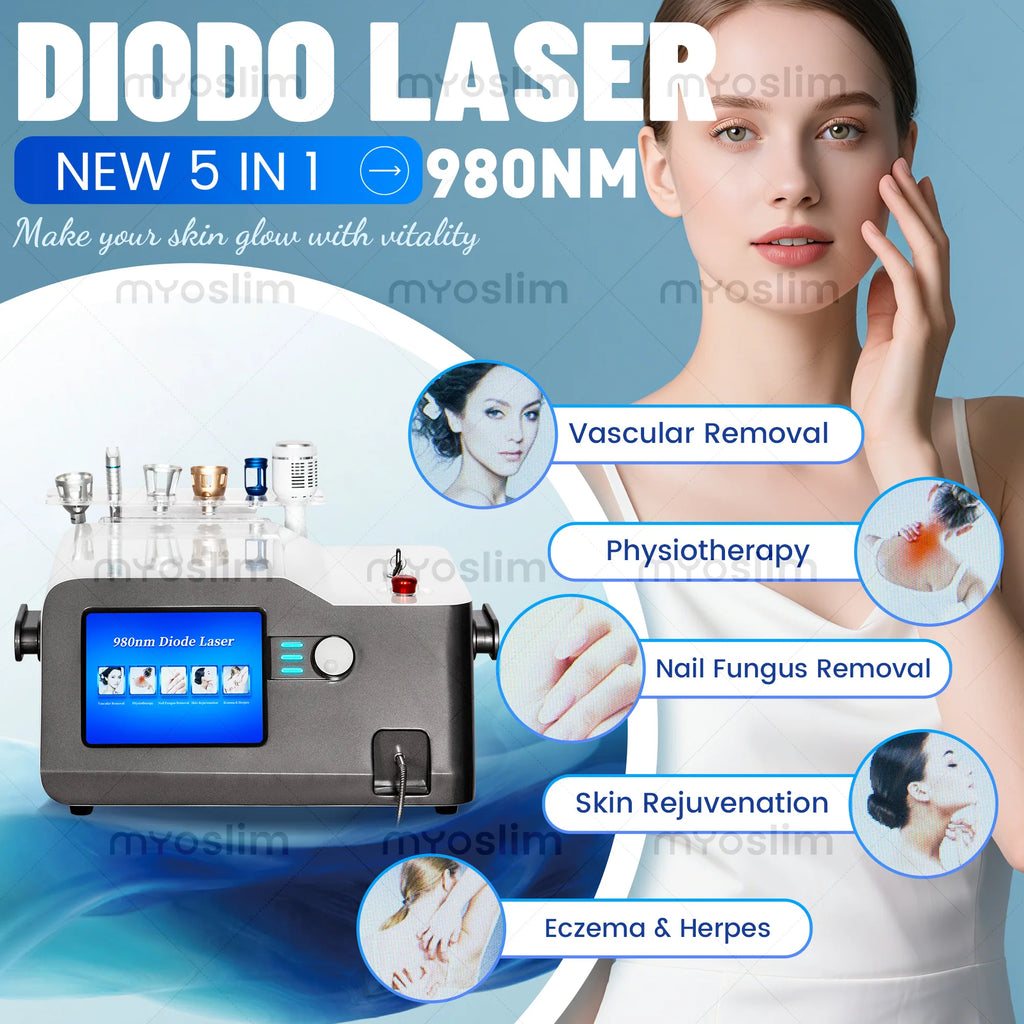 NUEVA Máquina de Belleza Diodo 5 en 1 de 980nm, 30W de Potencia, Equipo Profesional de Salón con 6 Cabezales de Tratamiento para Cuidado Vascular y Hongos en las Uñas