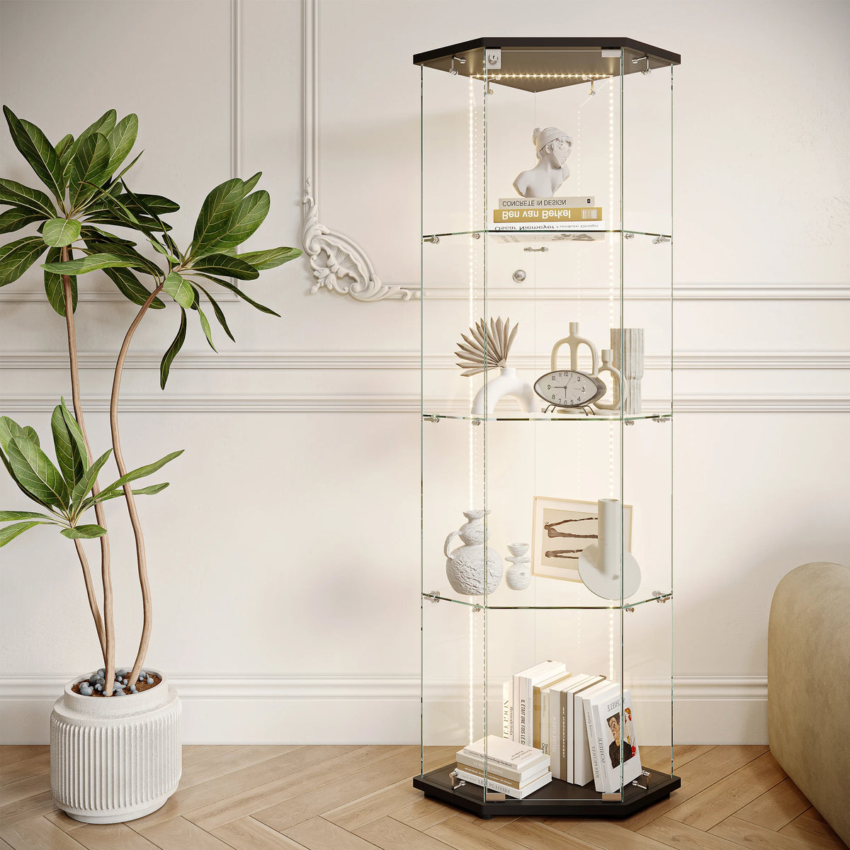 Vitrina de cristal Rosahqnda con luces LED, vitrina de 4 niveles para sala de estar, dormitorio, armario esquinero, blanco/negro, 162x60