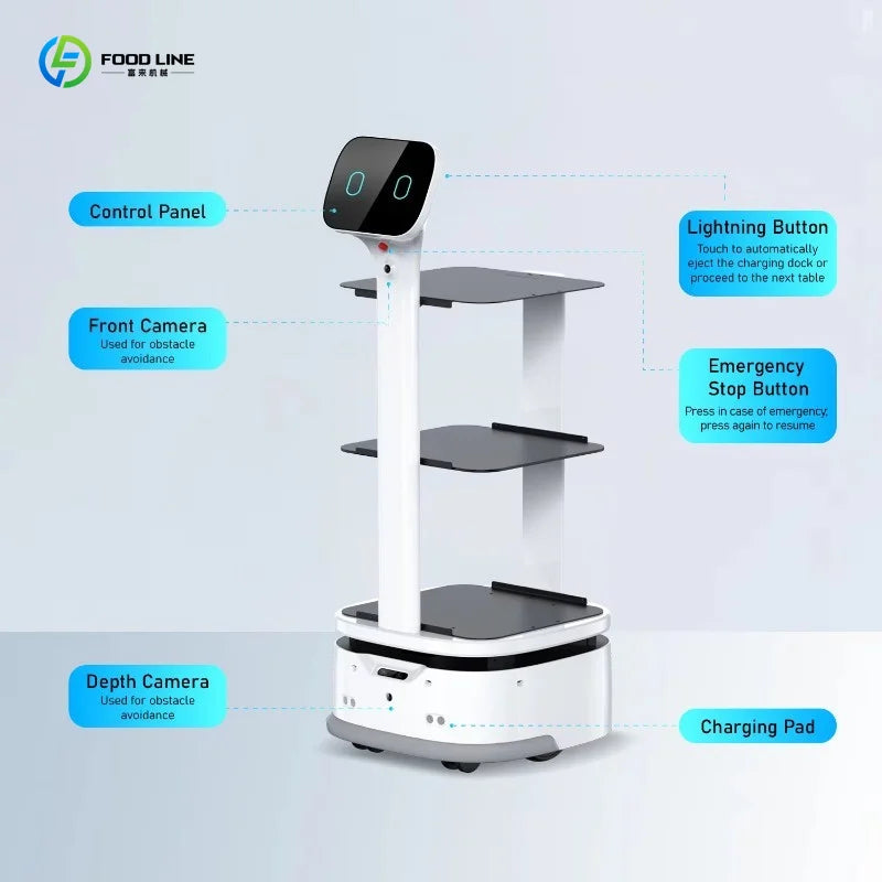 Robot repartidor blanco con panel de control, cámaras y base de carga