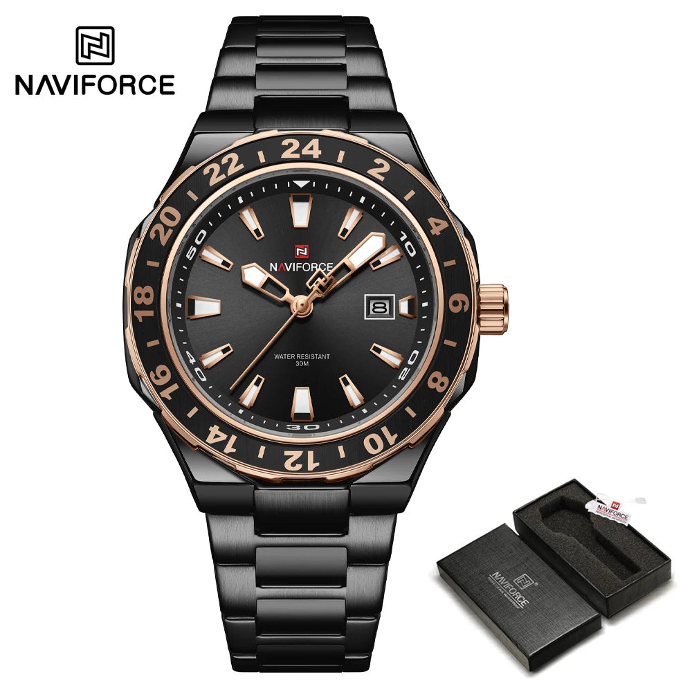 NAVIFORCE 2025 Nuevo Reloj para Hombre Estilo Negocios Clásico Reloj de Pulsera de Cuarzo de Lujo Azul y Dorado Acero Inoxidable Masculino