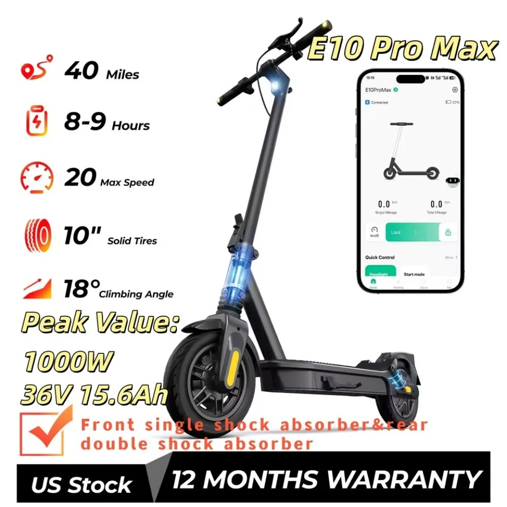 Patinete eléctrico negro con amortiguación delantera y rueda delantera.
