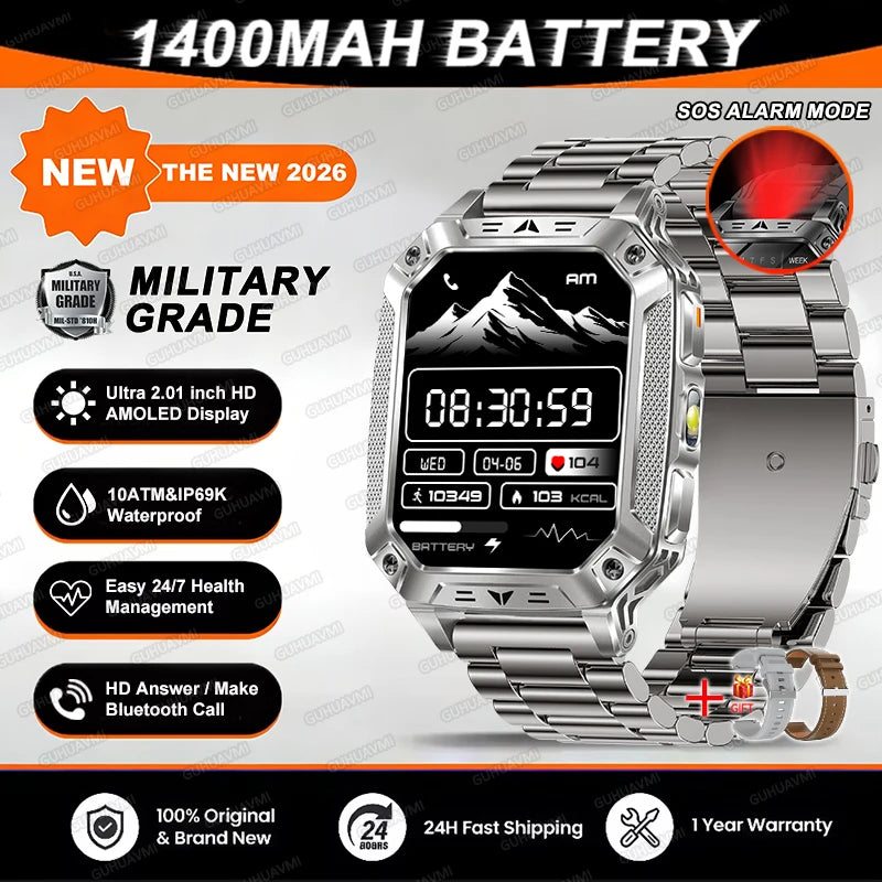 Reloj inteligente militar 2026 TANK, nuevo, 1400 mAh, GPS, pantalla AMOLED de 2.01", resistente al agua 10ATM, reloj, llamada SOS, linterna, para hombre, compatible con iOS