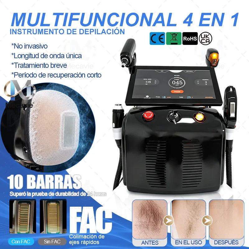 Depilación Láser Soprano Titanium Ice 6000W 4 en 1, Última Tecnología  755/808/810/830/940/1064nm 6 Ondas ND:YAG+RF+IPL Indolora