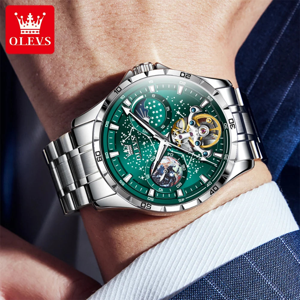 Reloj automático OLEVS con esfera esqueleto de volante para hombre, reloj de pulsera mecánico de negocios, impermeable, con diseño de cielo estrellado y luminiscente