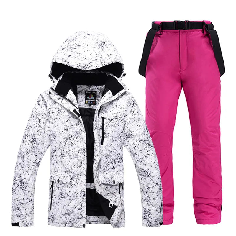-30 Conjuntos de trajes de nieve blancos para hombres o mujeres Ropa de invierno al aire libre Ropa de snowboard Disfraces impermeables Chaqueta de esquí + Baberos de pantalón de nieve