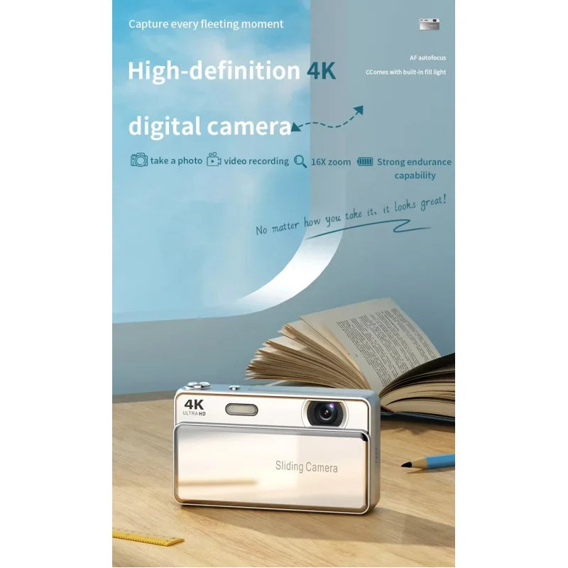 Cámara Digital CCD 4K con Zoom 16X, Cubierta Deslizante Retro, Cámara de Bolsillo Portátil para Vlogs, Ideal para Estudiantes y Fotografía de Viajes ﻿