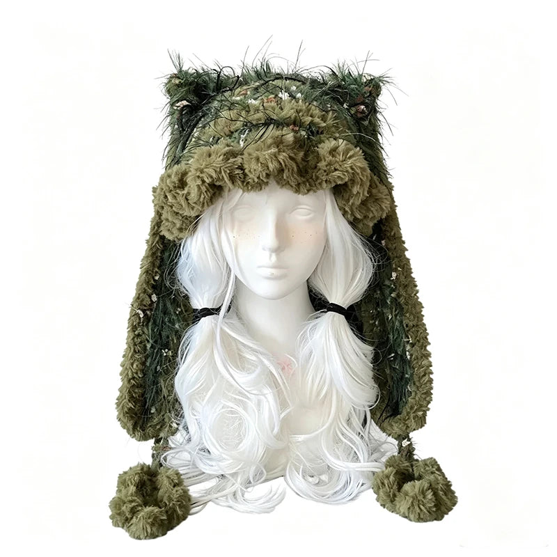 Gorro de Orejas de Zorro Verde Musgo Hecho a Mano Personalizado para Mujer, Gorro de Punto Floral de Felpa, Gorro de Invierno Cálido Estilo Goblincore para Hombre