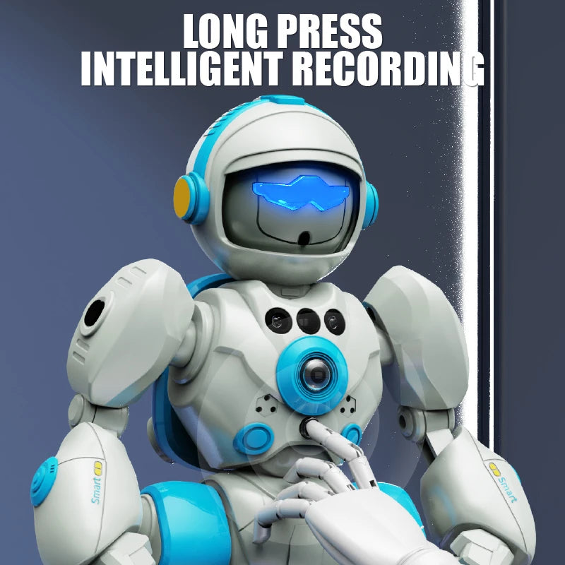 Robot inteligente blanco con visor azul y panel central, manos extendidas y cuerpo compacto