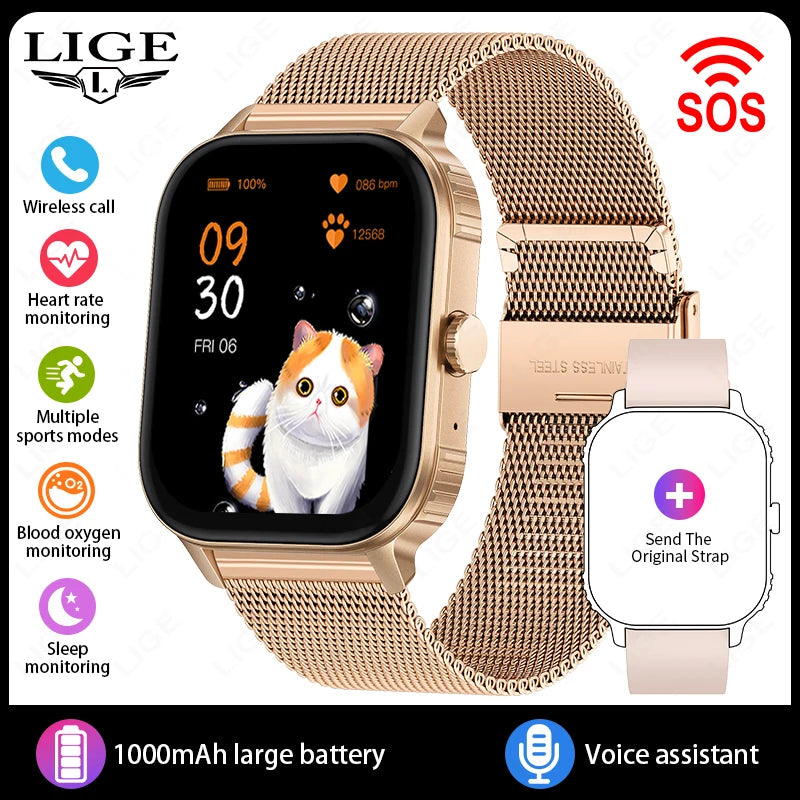 Reloj inteligente LIGE con batería de 1000mAh para mujer, monitoreo de frecuencia cardíaca y sueño, llamadas Bluetooth, resistente al agua IP68, reloj inteligente para hombre compatible con Android e iOS