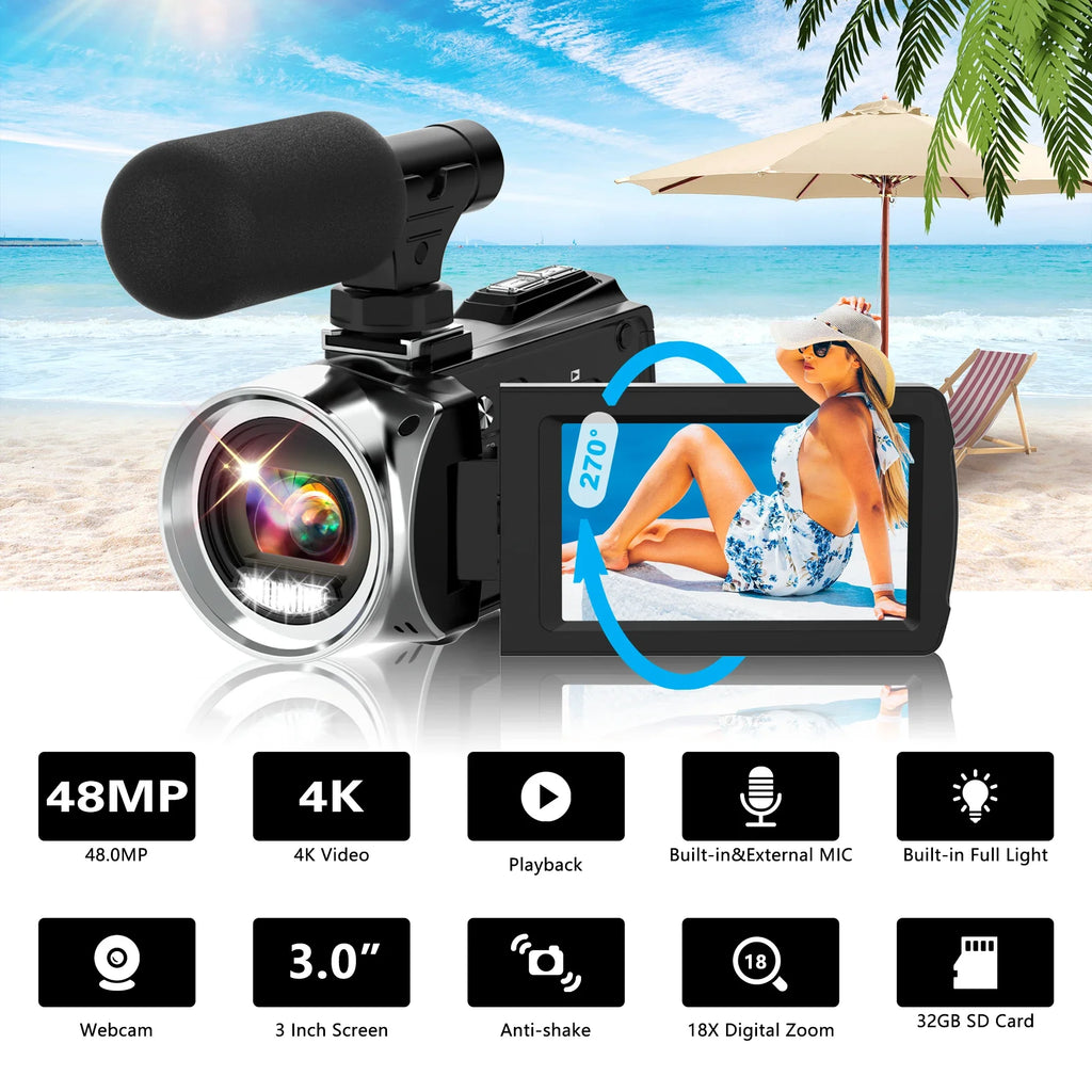 Videocámara 4K con micrófono, cámara de vídeo infrarroja Vlogging con Zoom 18X para Youtube, grabadora Digital portátil de 48MP, transmisión en vivo