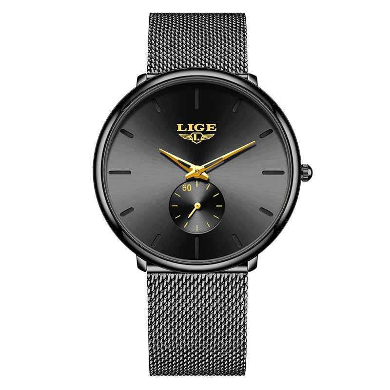 Reloj de cuarzo de lujo para hombre, marca LIGE, diseño moderno, informal, ultrafino, con malla de acero, resistente al agua, deportivo.