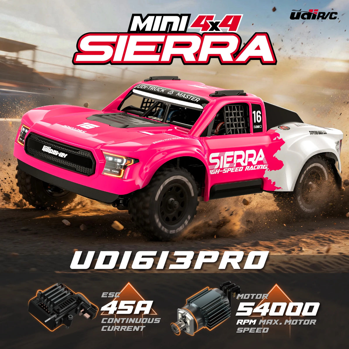 UDIRC 1/16 SIERRA UD1613 UD1613PRO 4WD Camión RC sin escobillas para desierto, rápido, todoterreno, para pista RC, camión corto, modelo RC, juguetes.