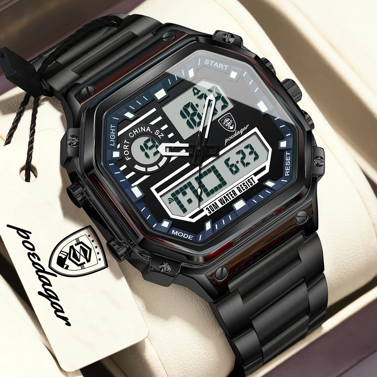 POEDAGAR Functional Men Wristwatch Waterproof Luminous Stainless Steel LED Man Watch Week Date Electronic Men's Quartz Watches