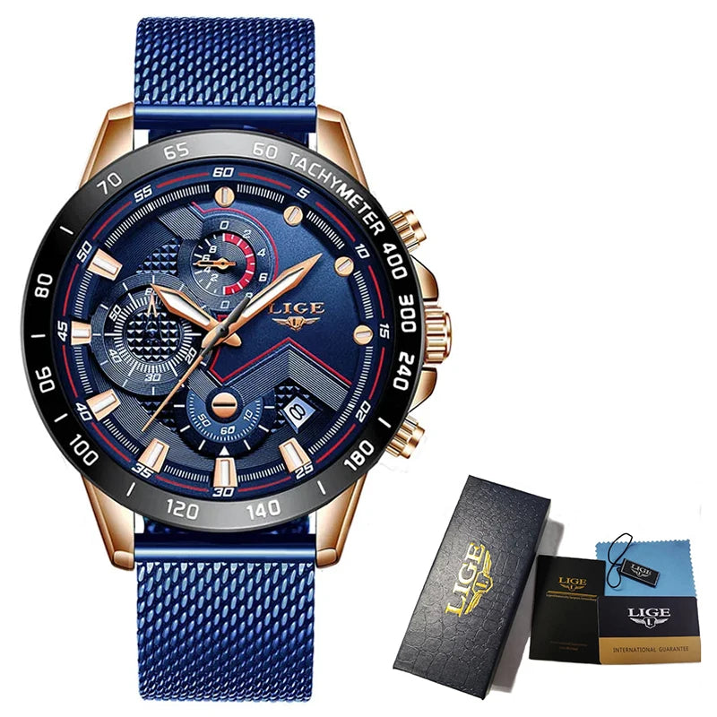 Reloj de cuarzo LIGE de marca superior de lujo para hombre, reloj de moda de negocios con correa de malla, resistente al agua, luminoso, cronógrafo