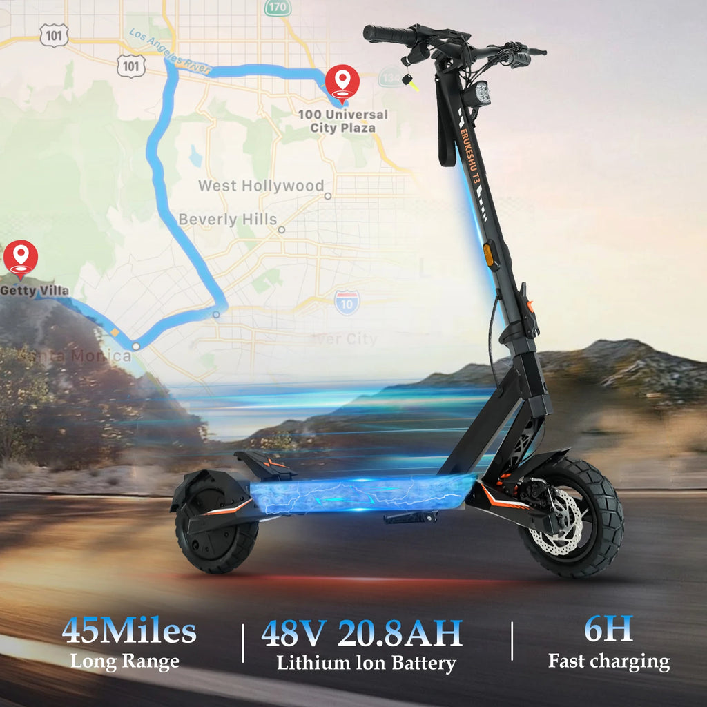 Patinete eléctrico negro con ruedas grandes y luz azul frontal