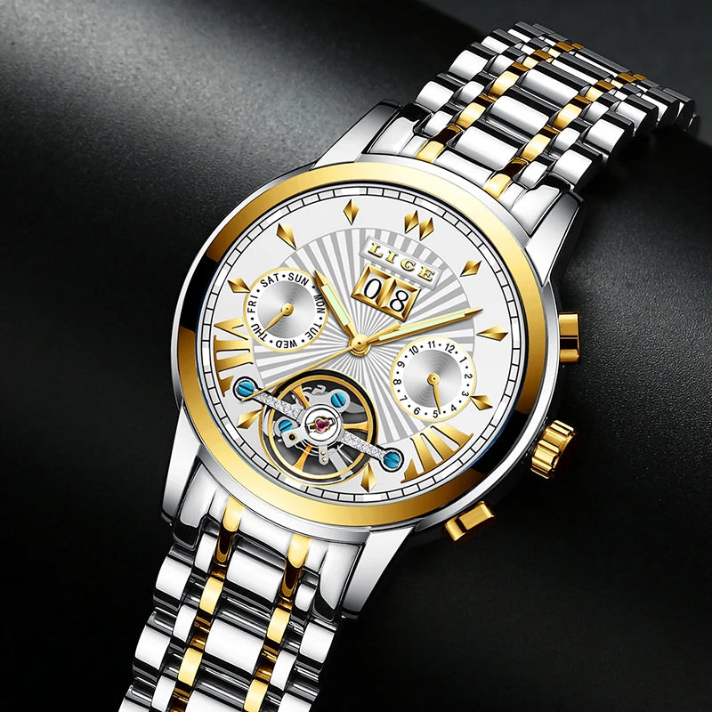 Reloj de pulsera mecánico automático LIGE 2026 para hombre, reloj de lujo de marca superior con tourbillon, reloj de moda para hombre, resistente al agua para negocios
