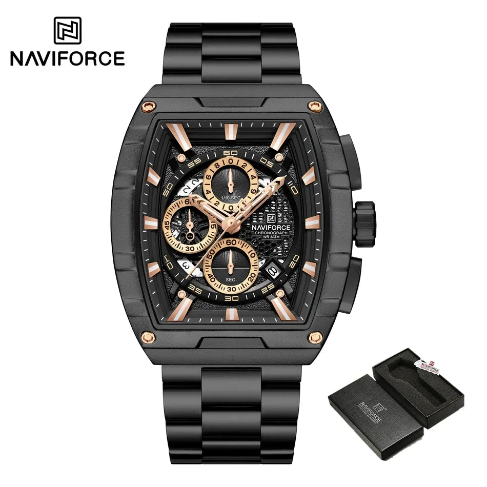 Reloj de cuarzo con cronógrafo para hombre NAVIFORCE, moderno, deportivo, para exteriores, para viajes, original, regalo para hombre, nuevo estilo, diseño Tonneau