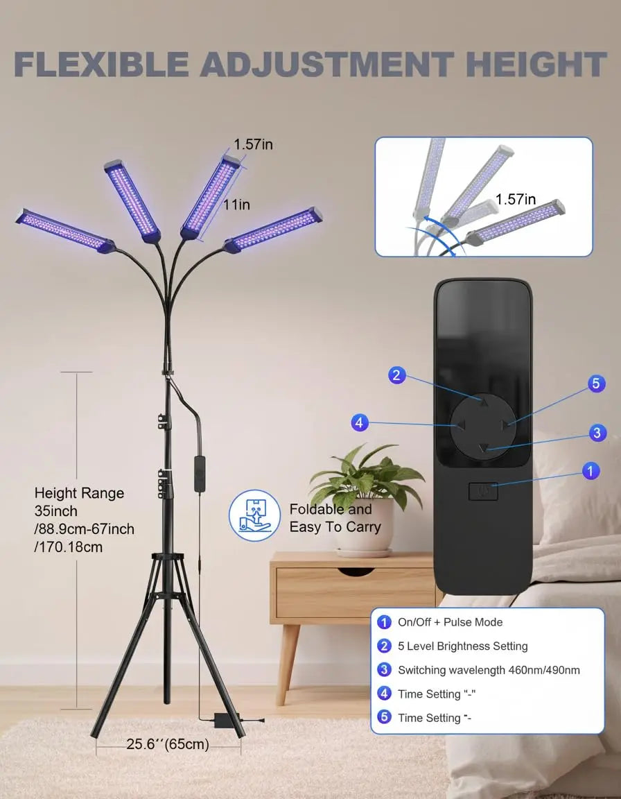 Solárium Facial de 60W para el Hogar 360 °   Lámpara de Bronceado con Luz Azul de 432 LED de 460nm y 490nm, Rotación, para Rostro y Cuerpo, Soporte Ajustable de 38-160cm