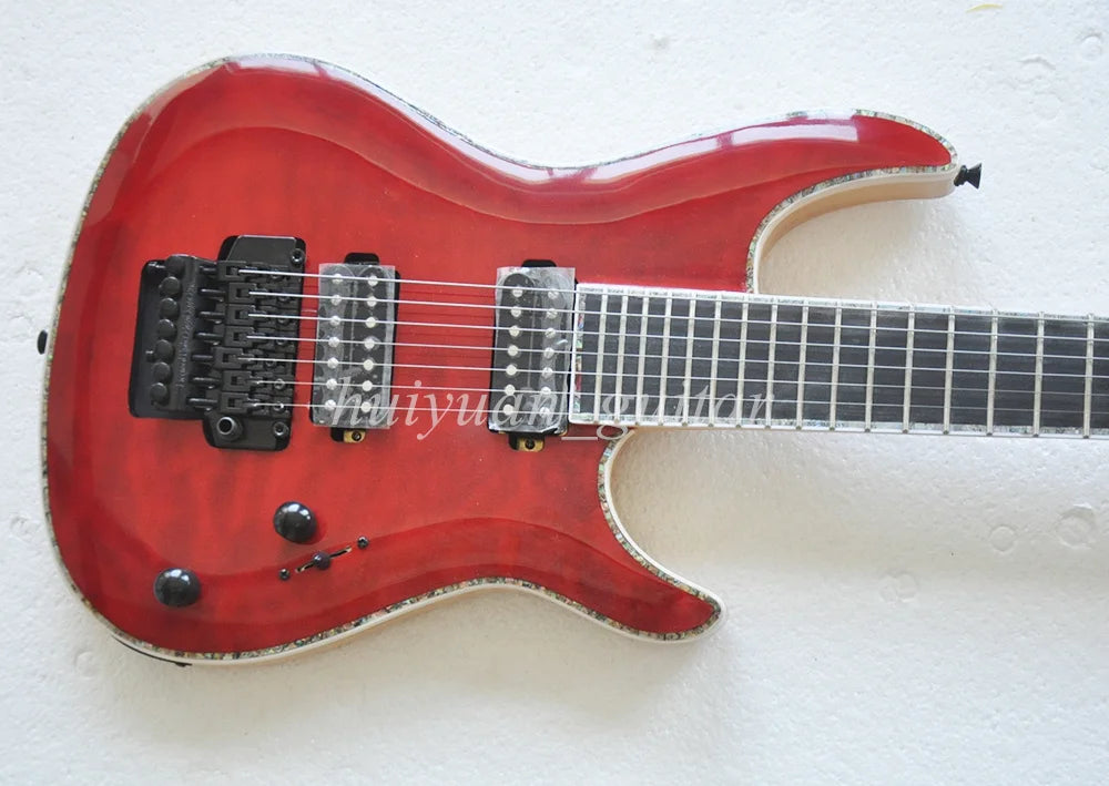Guitarra Eléctrica Flyoung de 7 Cuerdas, Roja, con Mástil a Través del Cuerpo, Estilo Floyd, con Diapasón de Palisandro, 24 Trastes