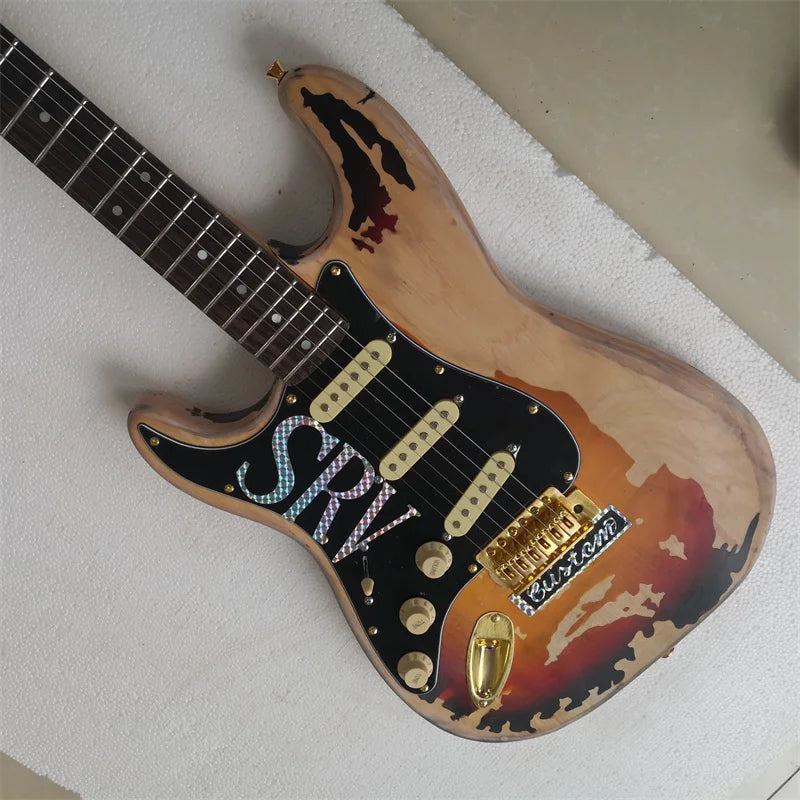 Guitarra eléctrica de 6 cuerdas para zurdos con acabado mate desgastado y pickguard negro, estilo vintage