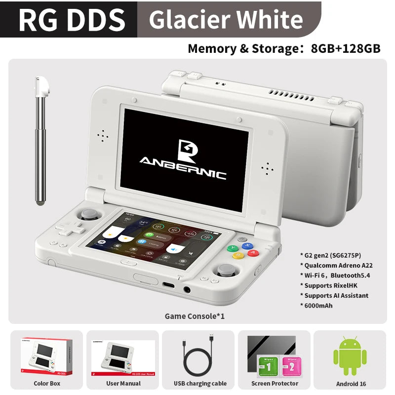 Consola de Juegos Portátil Retro Anbernic RG DDS con Pantalla IPS de 4.7"/4" Doble, Batería de 6000mAh, Android, 16 Juegos, Compatible con Asistente de IA y Streaming