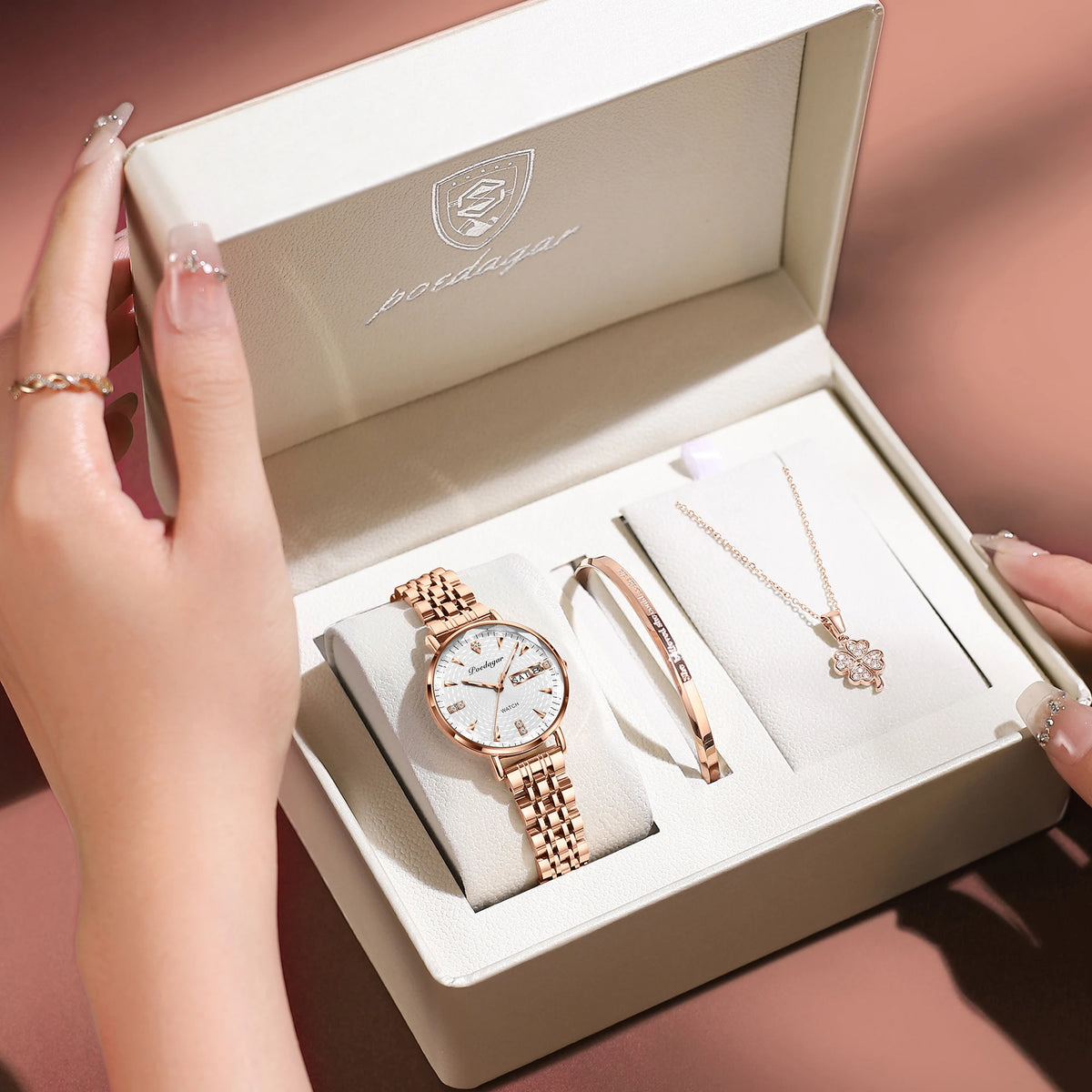 POEDAGAR Juego de 3 relojes de pulsera elegantes para mujer, de acero inoxidable, impermeables, luminosos, con fecha y día, de cuarzo, con caja de lujo