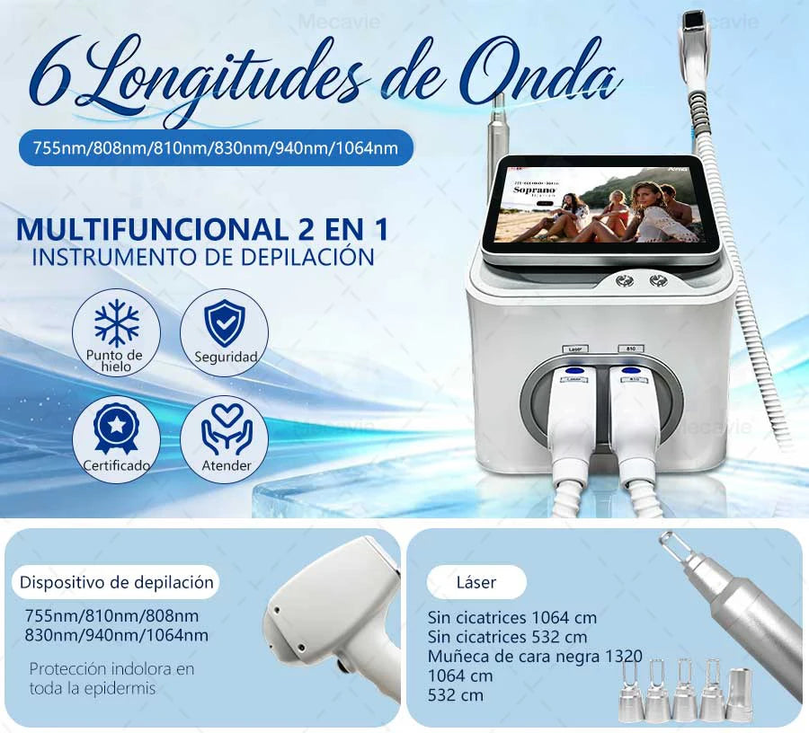 Dispositivo de Depilación Láser de Diodo Picosegundo 2 en 1 de 6000W Soprano 808+, Láser Picosegundo para Eliminación de Tatuajes, Depilación Permanente
